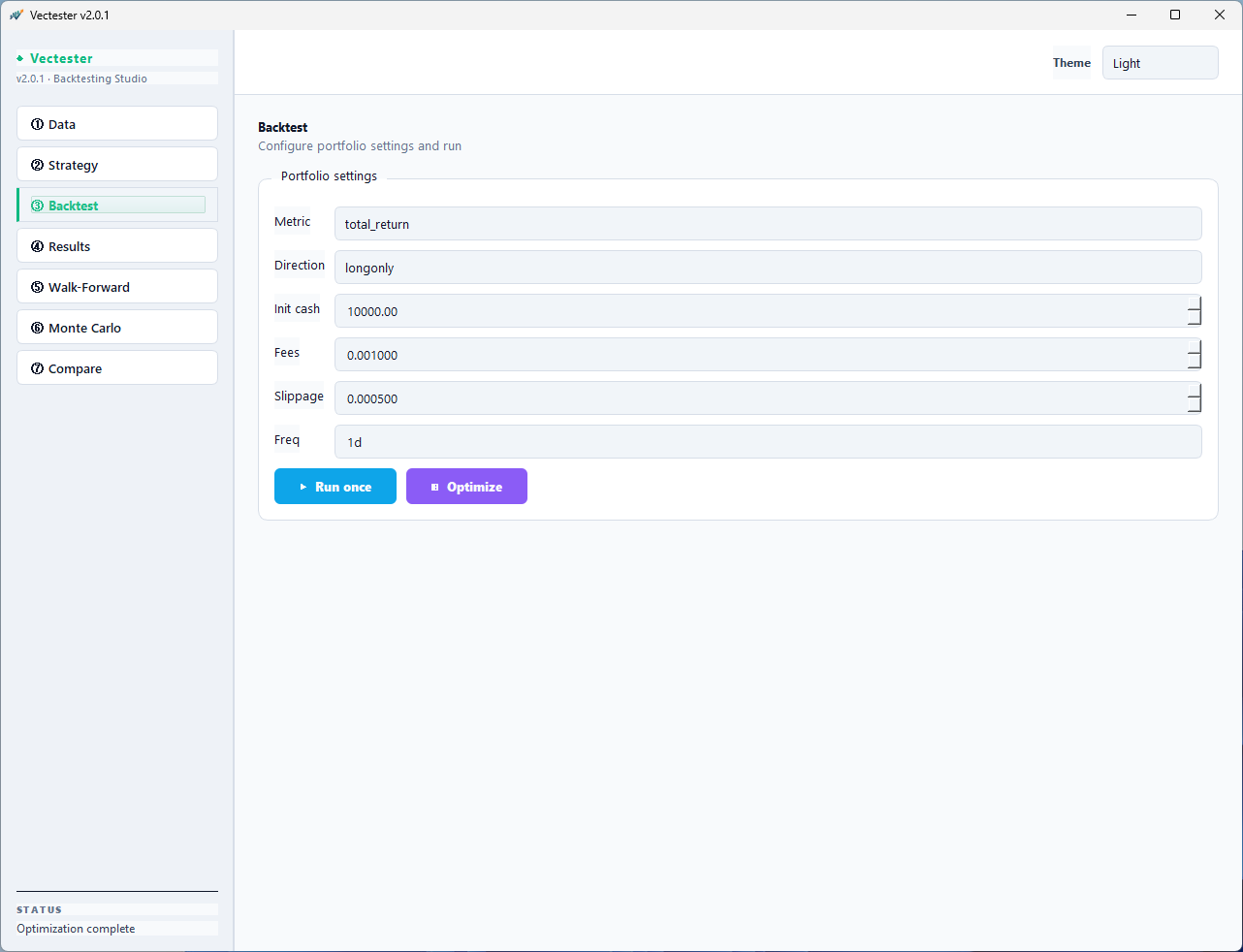 Backtest page — portfolio settings, run once and optimize buttons