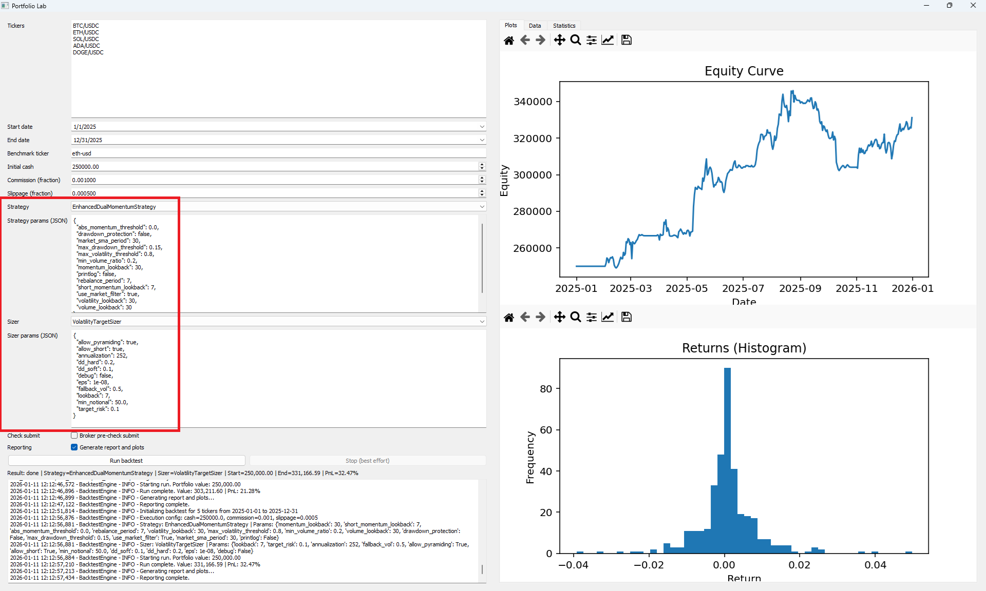Portfolio Lab Strategy and Sizer Parameters