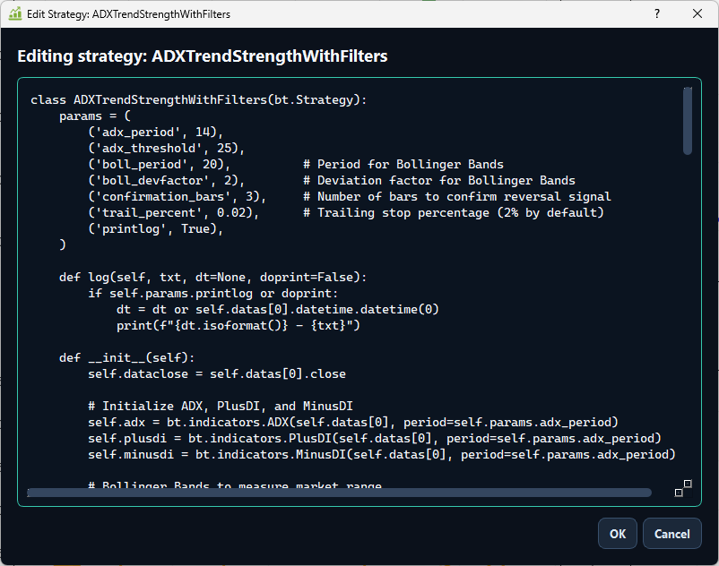 Backtester v5 strategy code editor
