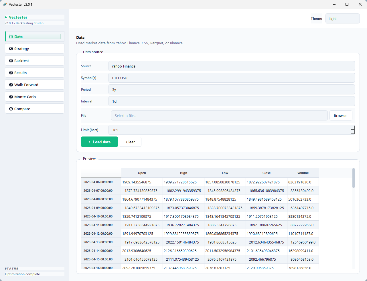 Data page — load market data from multiple sources and preview