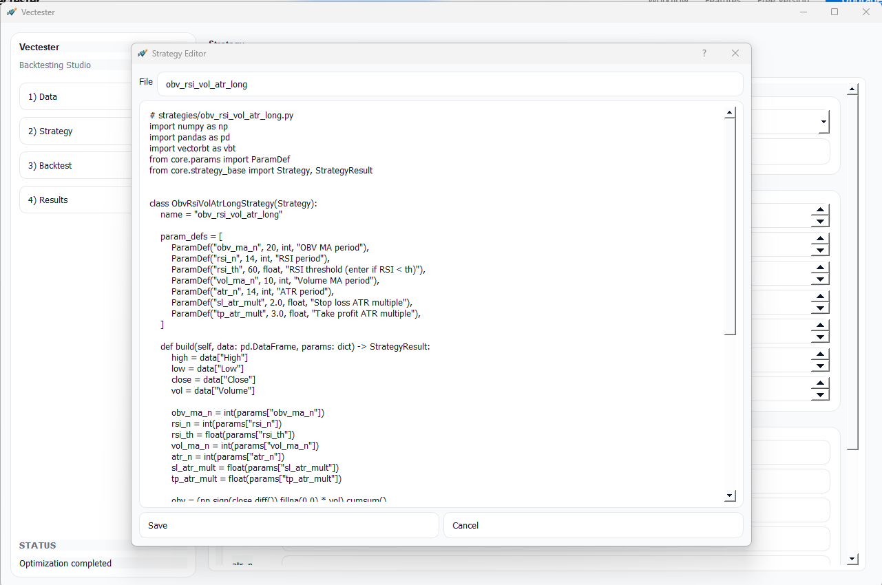 Strategy page / strategy editor / params / code