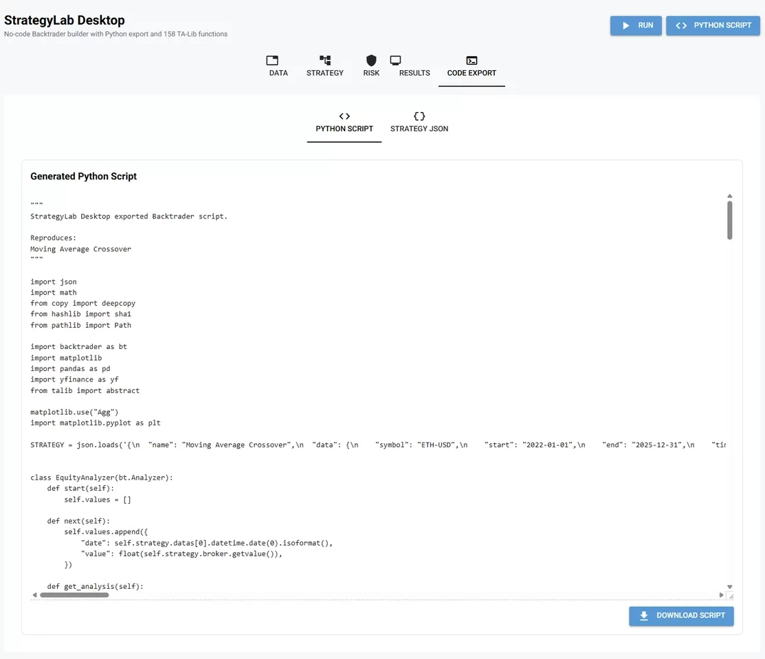 StrategyLab code export tab