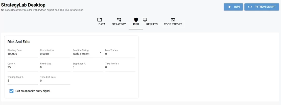 StrategyLab risk controls tab