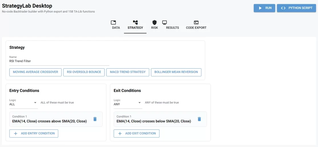 StrategyLab strategy builder tab